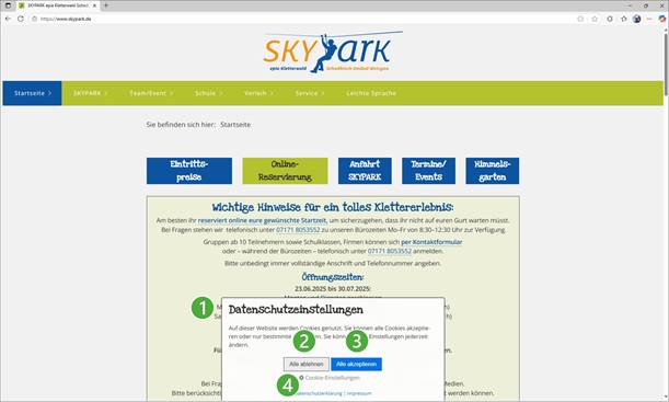 Leichte Sprache: Bild zur Erklärung der Webseite, Datenschutzeinstellungen, die Ziffern erklräen wo welche Datenschutzeinstellungen vorgenommen werden können