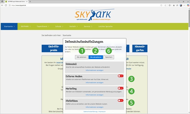 Leichte Sprache: Bild zur Erklärung der Webseite, individuelle Datenschutzeinstellungen, die Ziffern erklären, wo welche Datenschutzeinstellung vorgenommen werden kann.