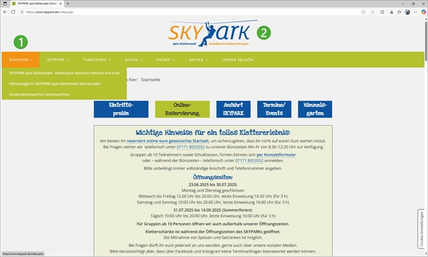 Erklärung zu den einzelnen Rubriken der Hauptnavigationszeile, hier Rubrik Startseite, die Ziffern erklären, wie was genutzt werden kann