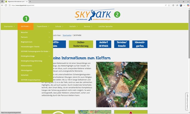 Erklärung zu den einzelnen Rubriken der Hauptnavigationszeile, hier Rubrik SKYPARK, die Ziffern erklären, wie was genutzt werden kann