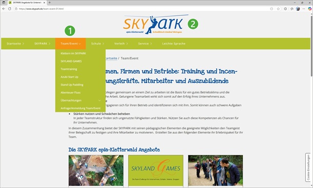 Erklärung zu den einzelnen Rubriken der Hauptnavigationszeile, hier Rubrik Team/Event,die Ziffern erklären, wie was genutzt werden kann