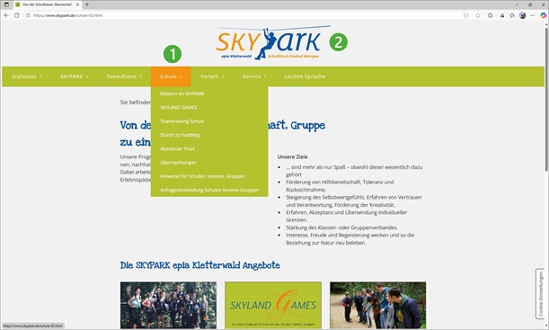 Erklärung zu den einzelnen Rubriken der Hauptnavigationszeile, hier Rubrik Schule,die Ziffern erklären, wie was genutzt werden kann