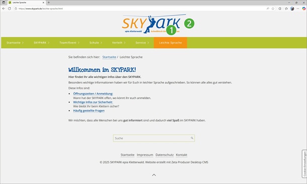 Erklärung zu den einzelnen Rubriken der Hauptnavigationszeile, hier Rubrik Leichte Sprache, die Ziffern erklären, wie was genutzt werden kann